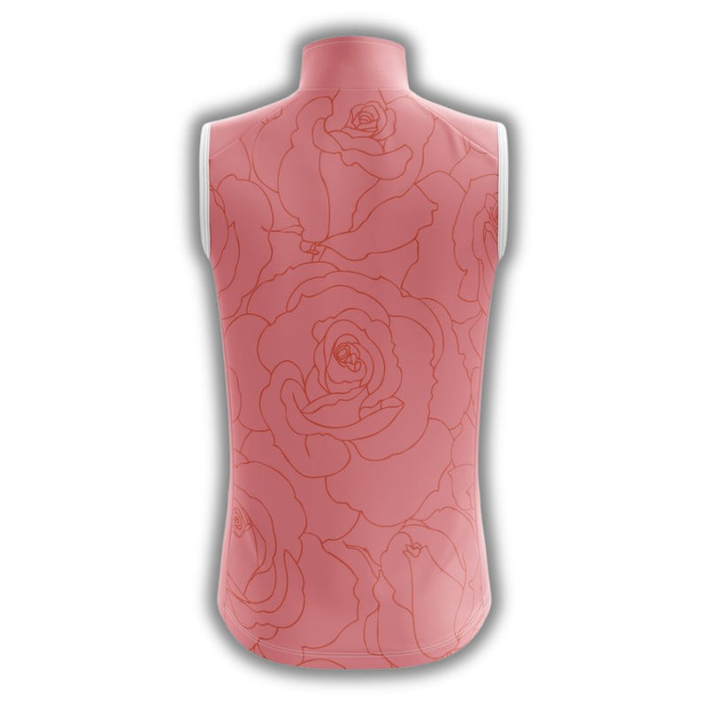 Back of a sleeveless pink cycling jersey with a paint of a lily