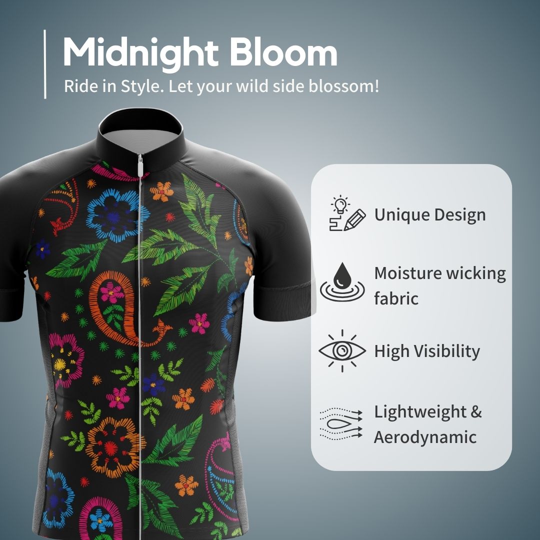 Midnight Bloom | Men's Short Sleeve Cycling Jersey features such as unique design, moisture wicking fabric, high visibility, lightweight and aerodynamic. The front of the jersey features a large design of blue and pink flowers that resemble roses and pansies.