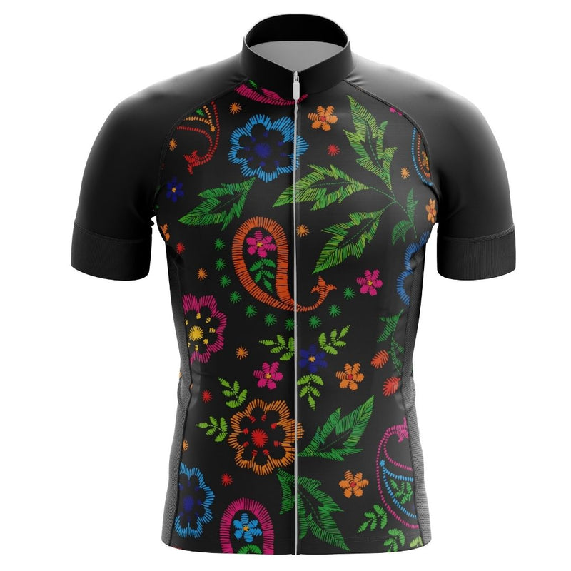 Midnight Bloom | Men's Short Sleeve Cycling Jersey front image. The front of the jersey features a large design of blue and pink flowers that resemble roses and pansies.