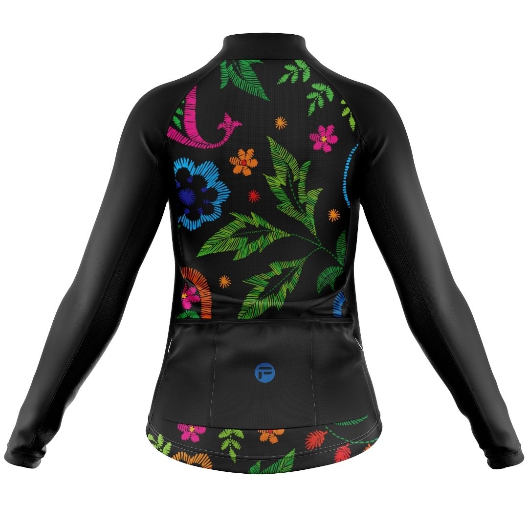 Midnight Bloom | Women's long Sleeve Cycling Jersey back image with 3 rear pockets. The back of the jersey features a large design of blue and pink flowers that resemble roses and pansies.