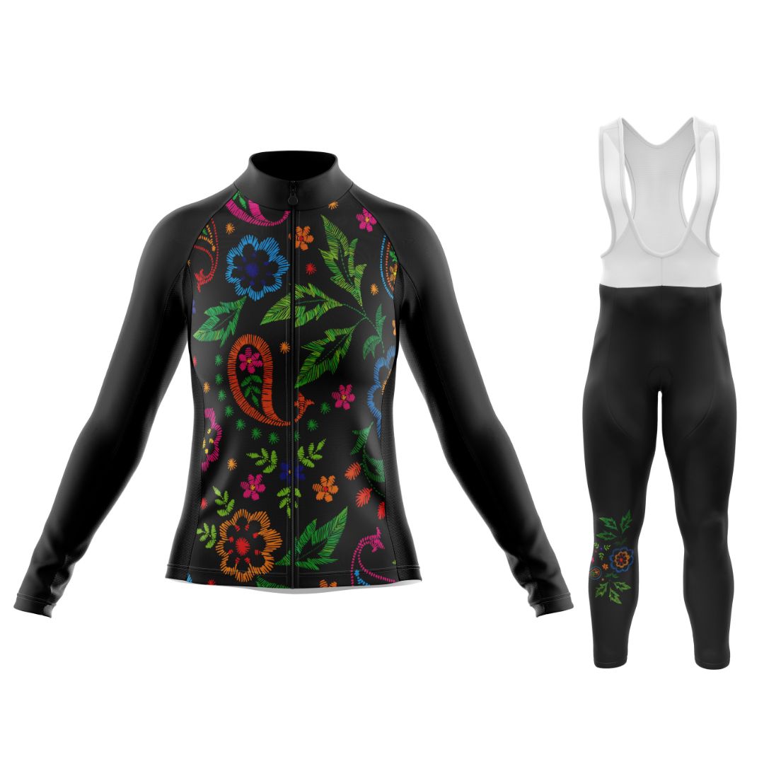 Midnight Bloom | Women's Long Sleeve Cycling Set with bib tights