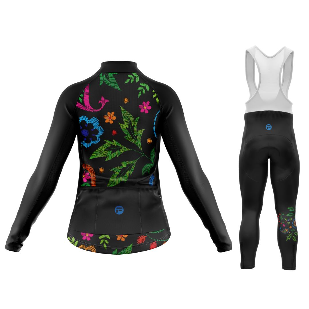 Midnight Bloom | Women's Long Sleeve Cycling Set with bib tights Back image
