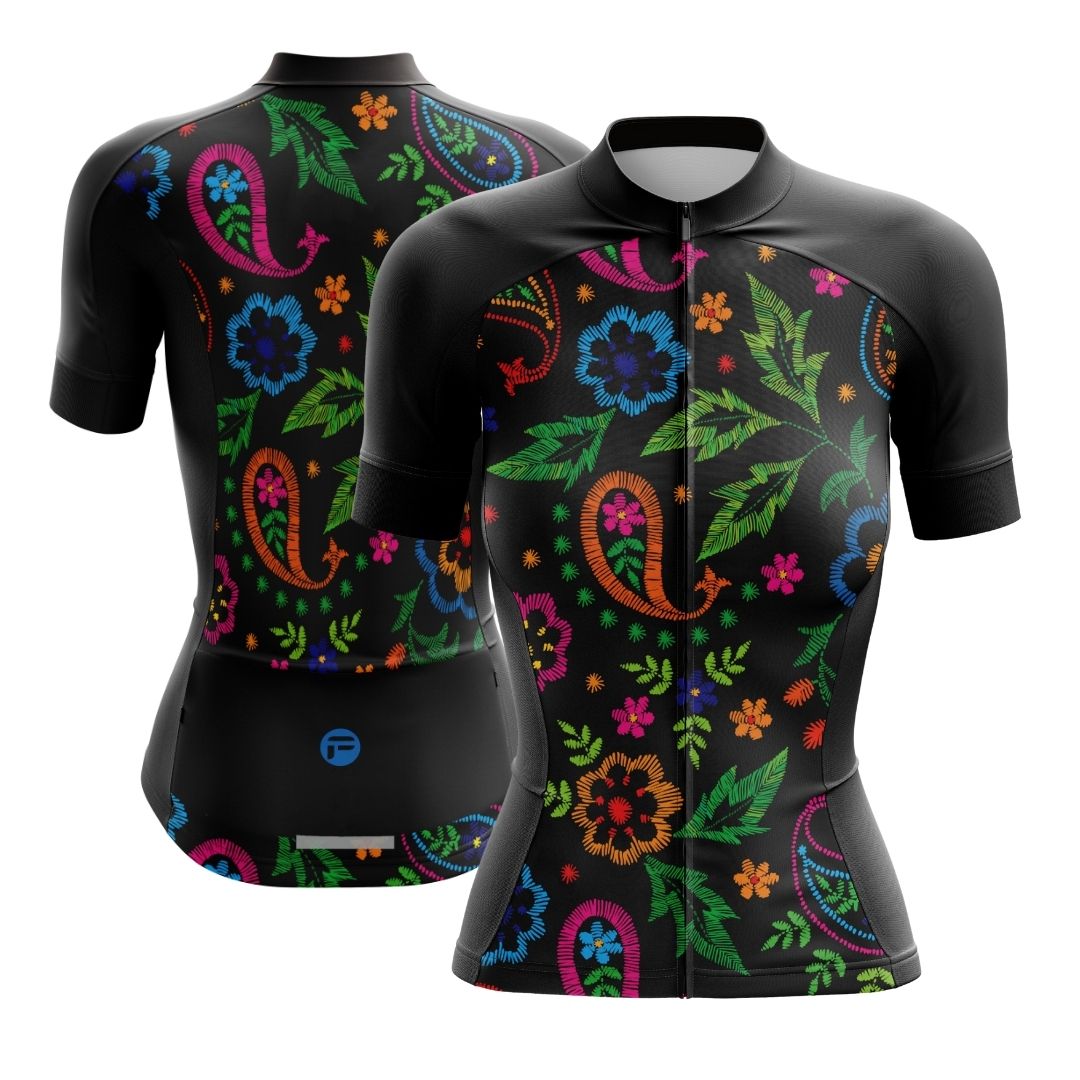 Midnight Bloom | Women's Short Sleeve Cycling Jersey back image. The front and the back of the jersey features a large design of blue and pink flowers that resemble roses and pansies.