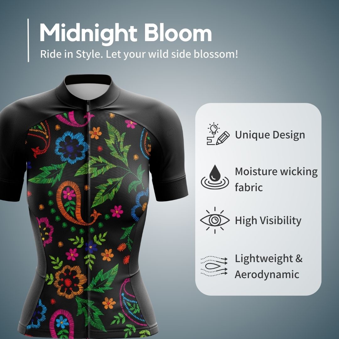 Midnight Bloom | Women's Short Sleeve Cycling Jersey features such as unique design, moisture wicking fabric, high visibility, lightweight and aerodynamic. The front of the jersey features a large design of blue and pink flowers that resemble roses and pansies.
