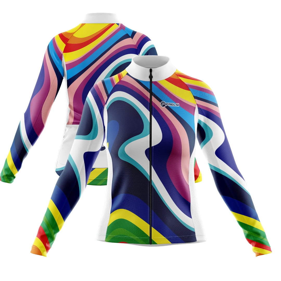 Colorful Long cycling jersey for women with a spectrum of hues, called 'My Rainbow Sprint'
