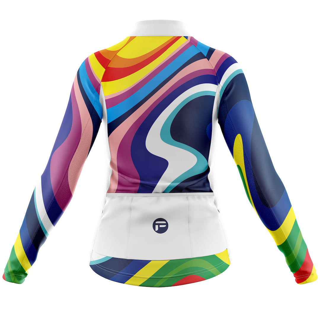 Colorful Long cycling jersey for women with a spectrum of hues, called 'My Rainbow Sprint'