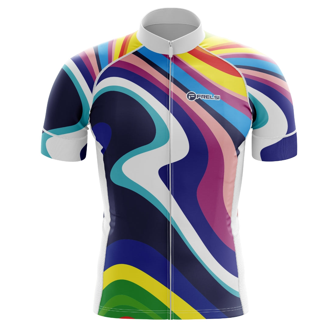 Colorful cycling jersey with a spectrum of hues, called 'My Rainbow Sprint'
