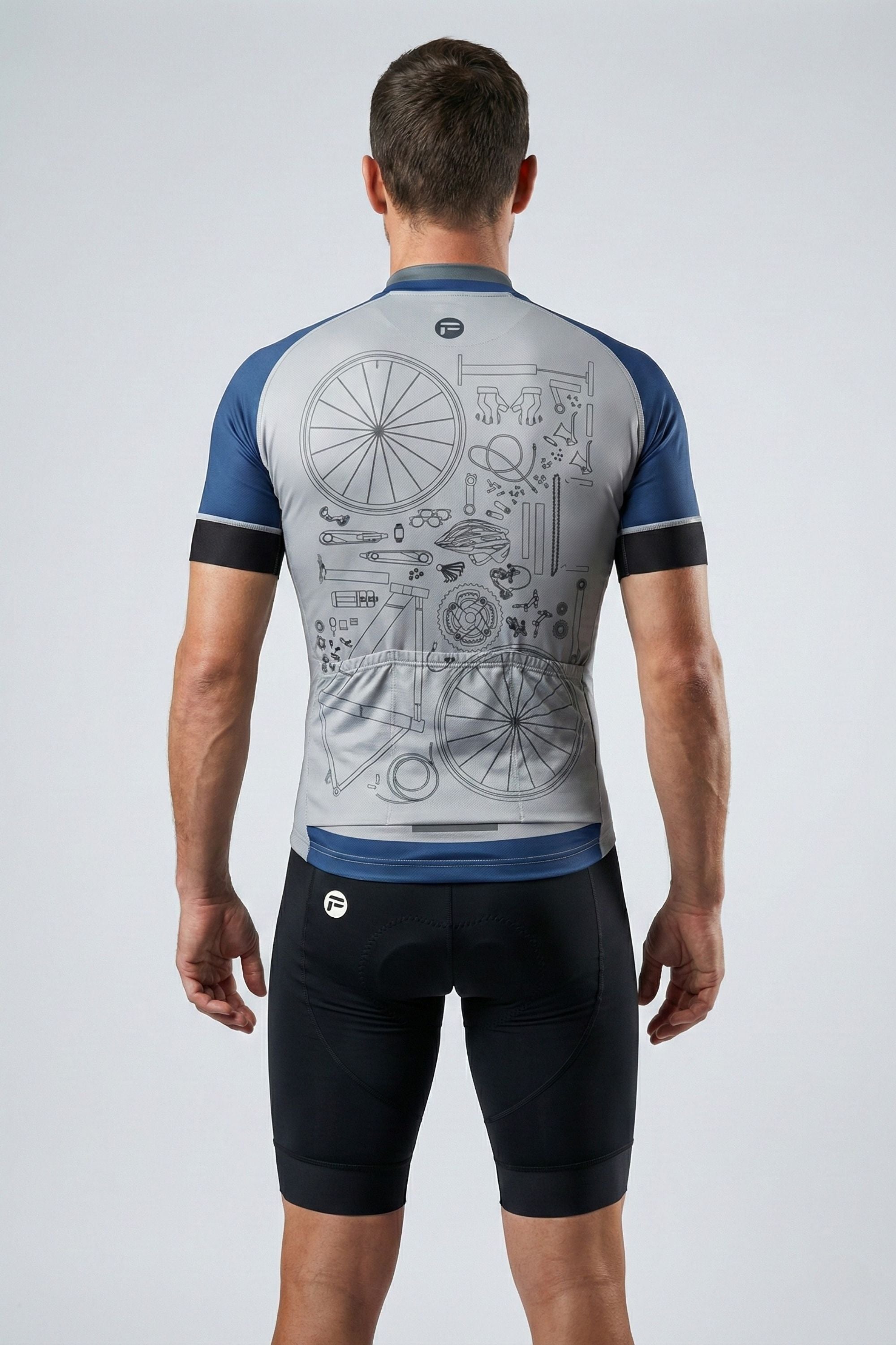 Person wearing a cycling outfit with a detailed design on the back against a white background