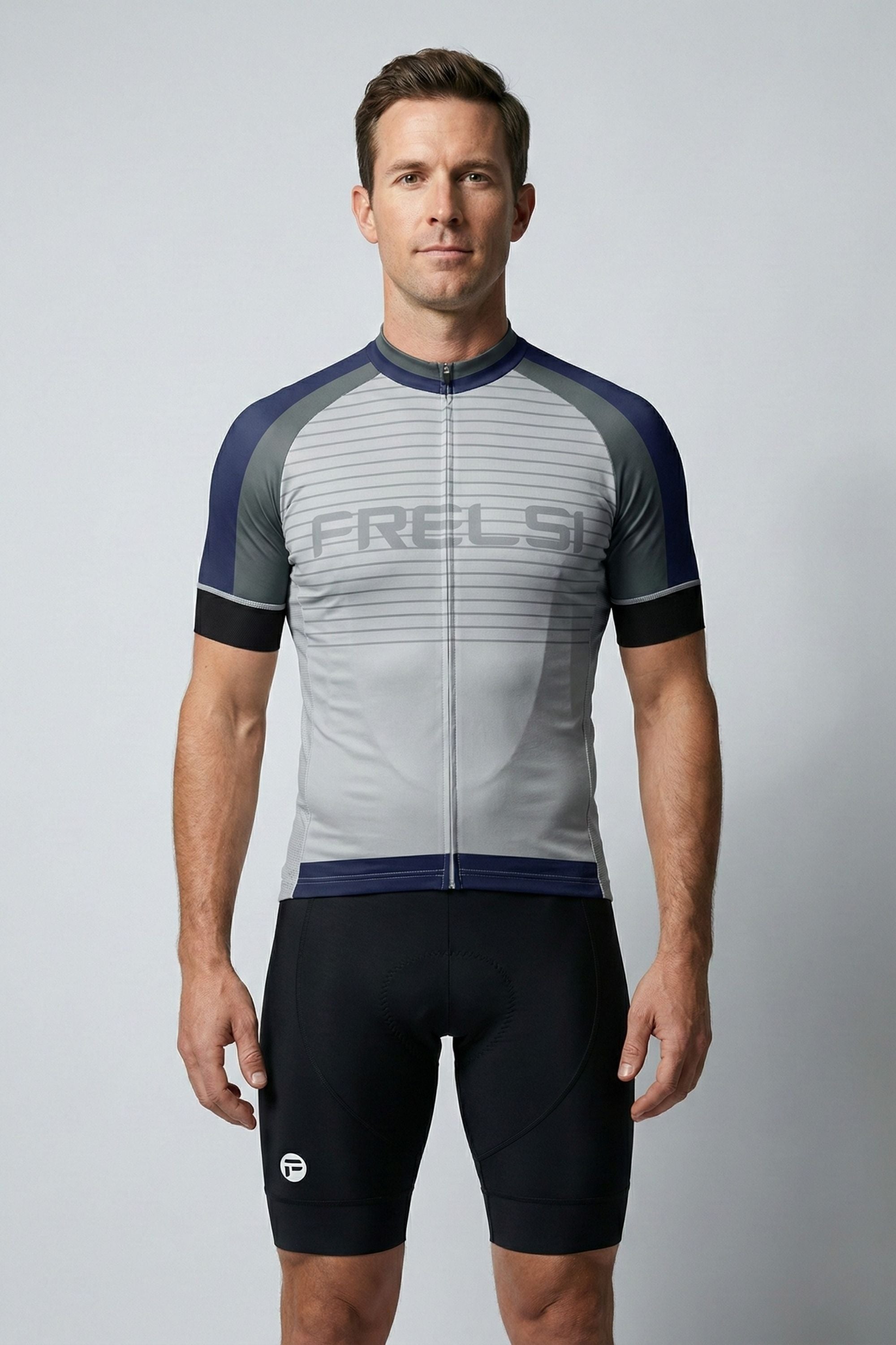 Man wearing a gray and black cycling outfit with 'FRELSU' branding on a light gray background