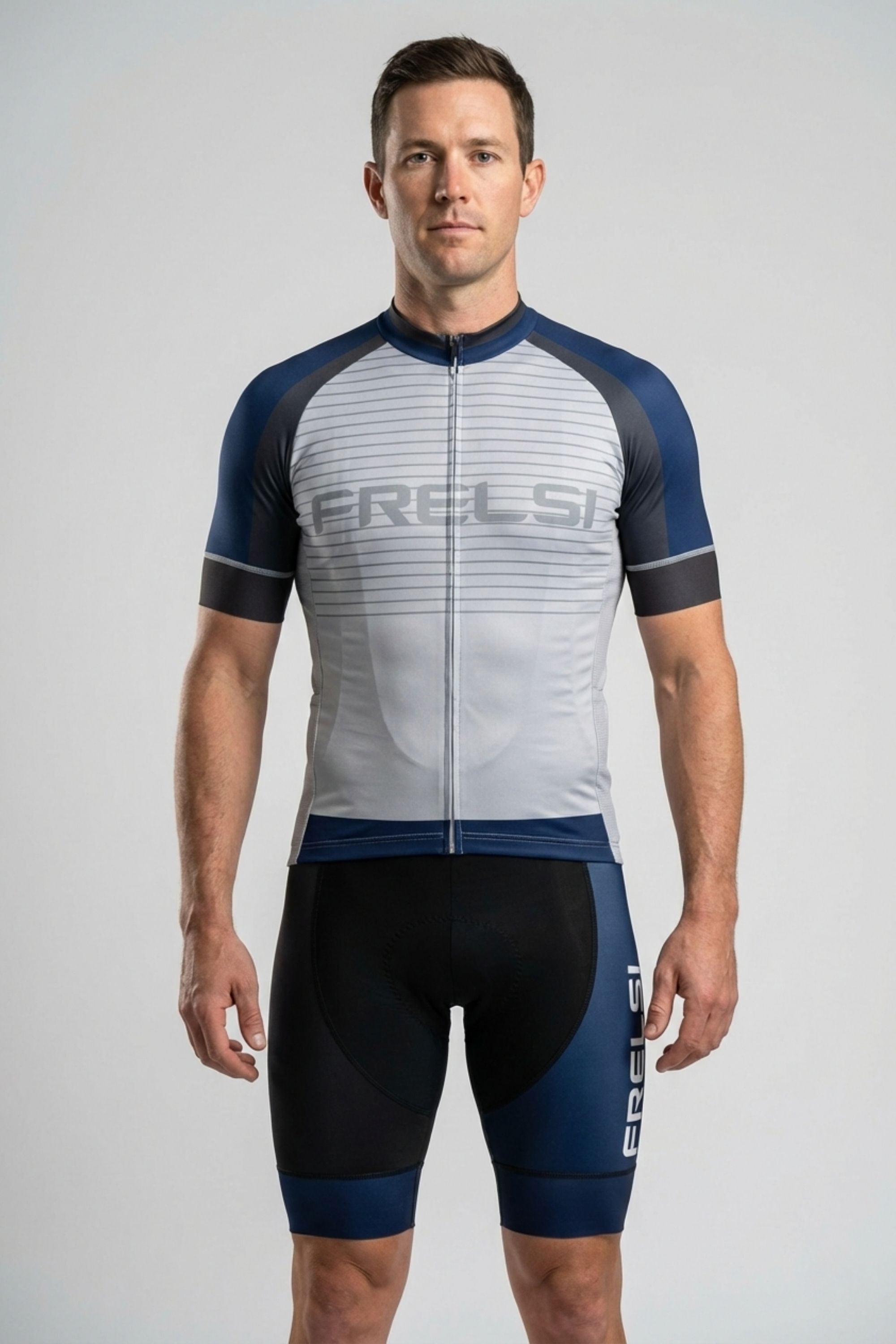 Man wearing a blue and gray cycling outfit with 'Frelsi' branding on a white background