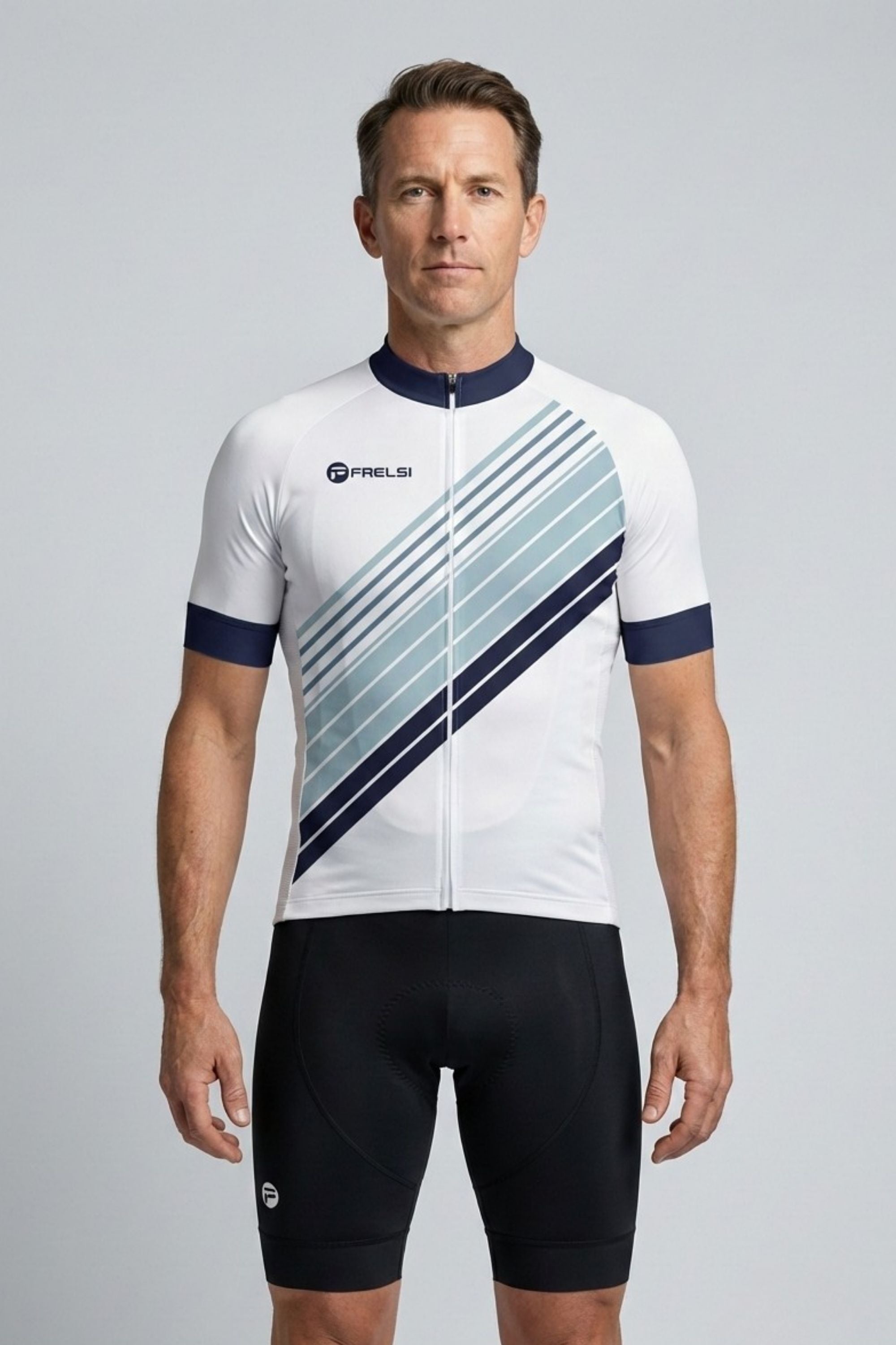 Man wearing a white cycling jersey with blue and black accents on a gray background