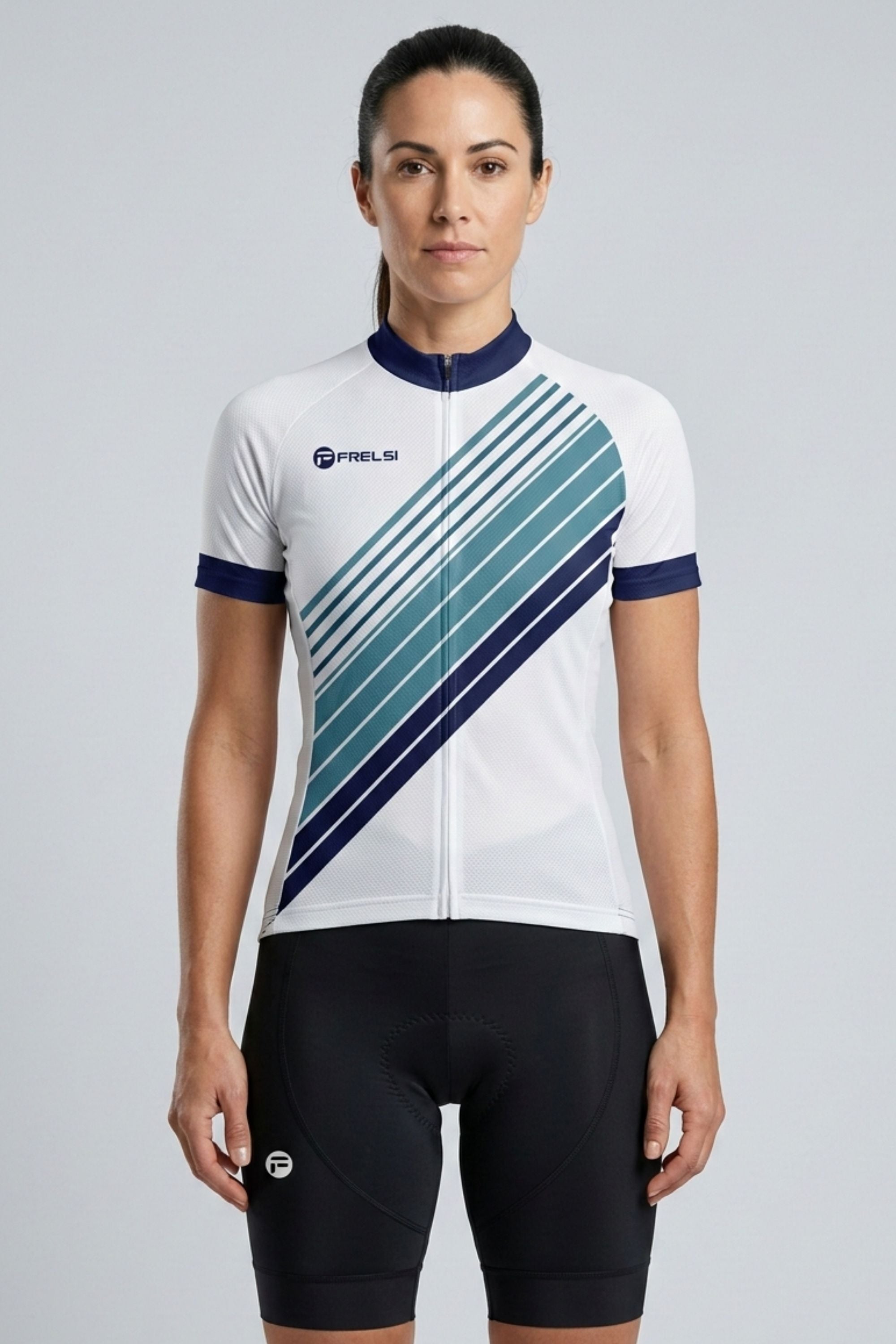 Person wearing a white cycling jersey with blue and green diagonal stripes on a gray background