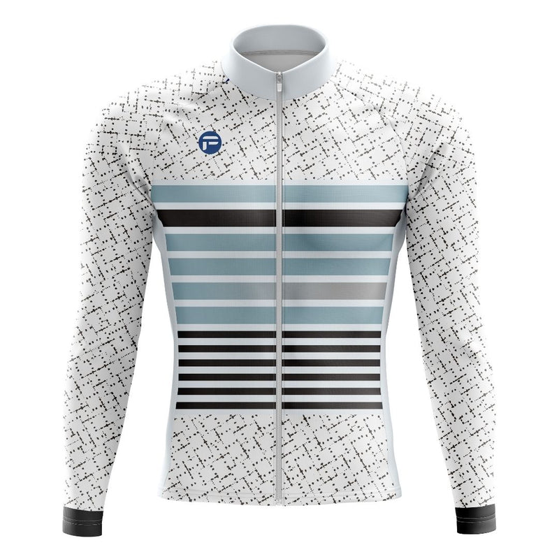 High-performance men's long sleeve cycling jersey featuring a modern black, white, and gray stripe pattern for style and aerodynamics.