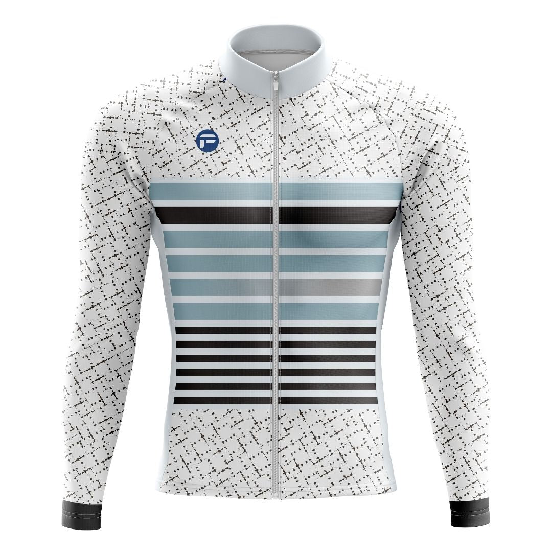 High-performance men's long sleeve cycling jersey featuring a modern black, white, and gray stripe pattern for style and aerodynamics.
