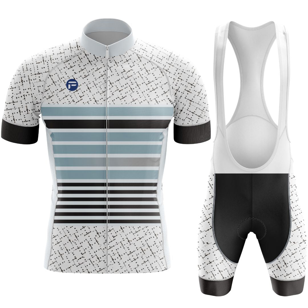 High-performance men's cycling kit featuring a short sleeve jersey with a futuristic stripe pattern and matching bib shorts.
