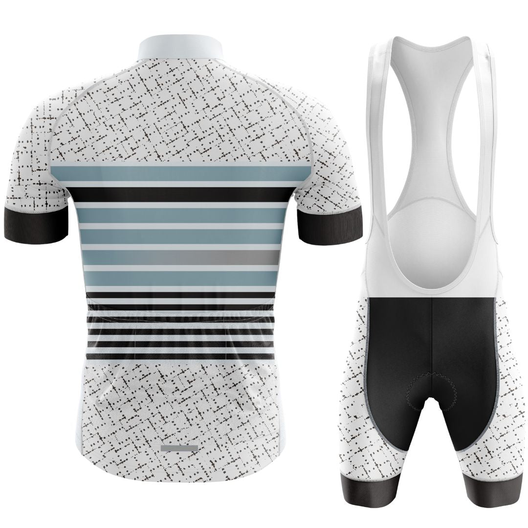 Modern men's cycling kit with a short sleeve jersey and bib shorts, featuring a bold black, white, and gray stripe design.