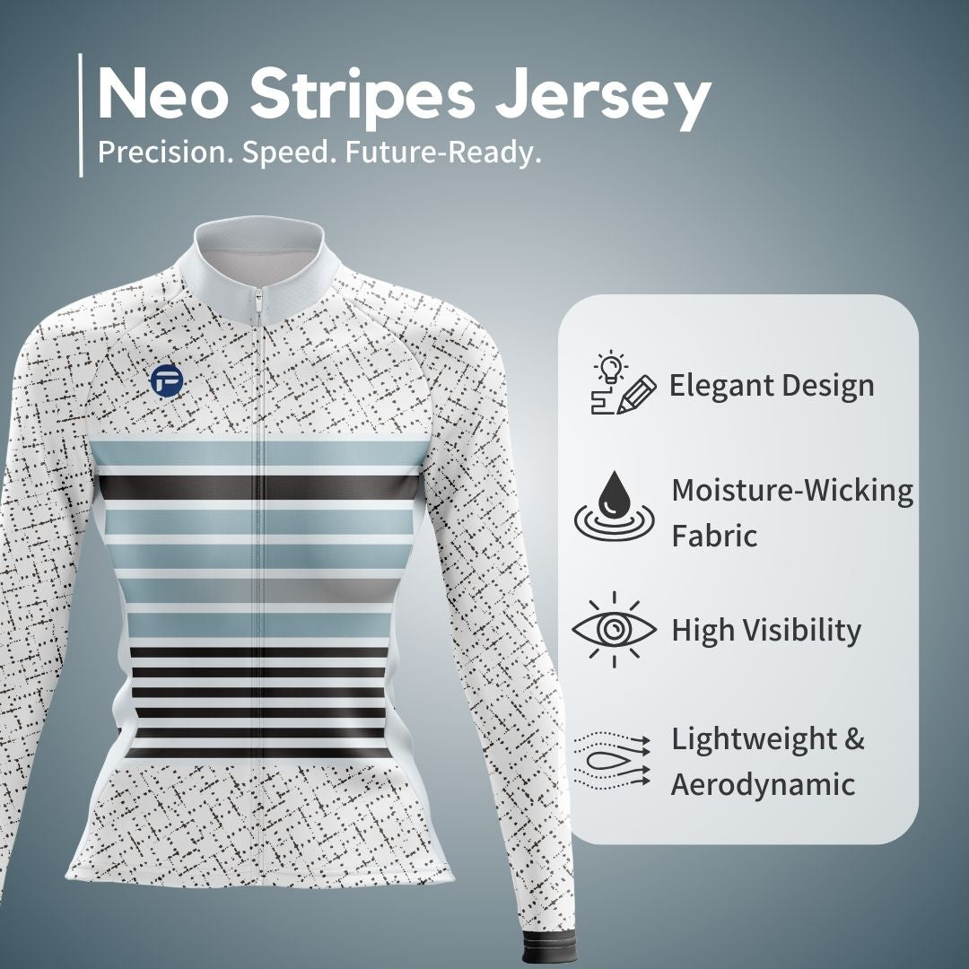 Neo Stripes women's long sleeve jersey with an ergonomic fit, reflective details, and a tech-inspired aesthetic for ultimate cycling style.
