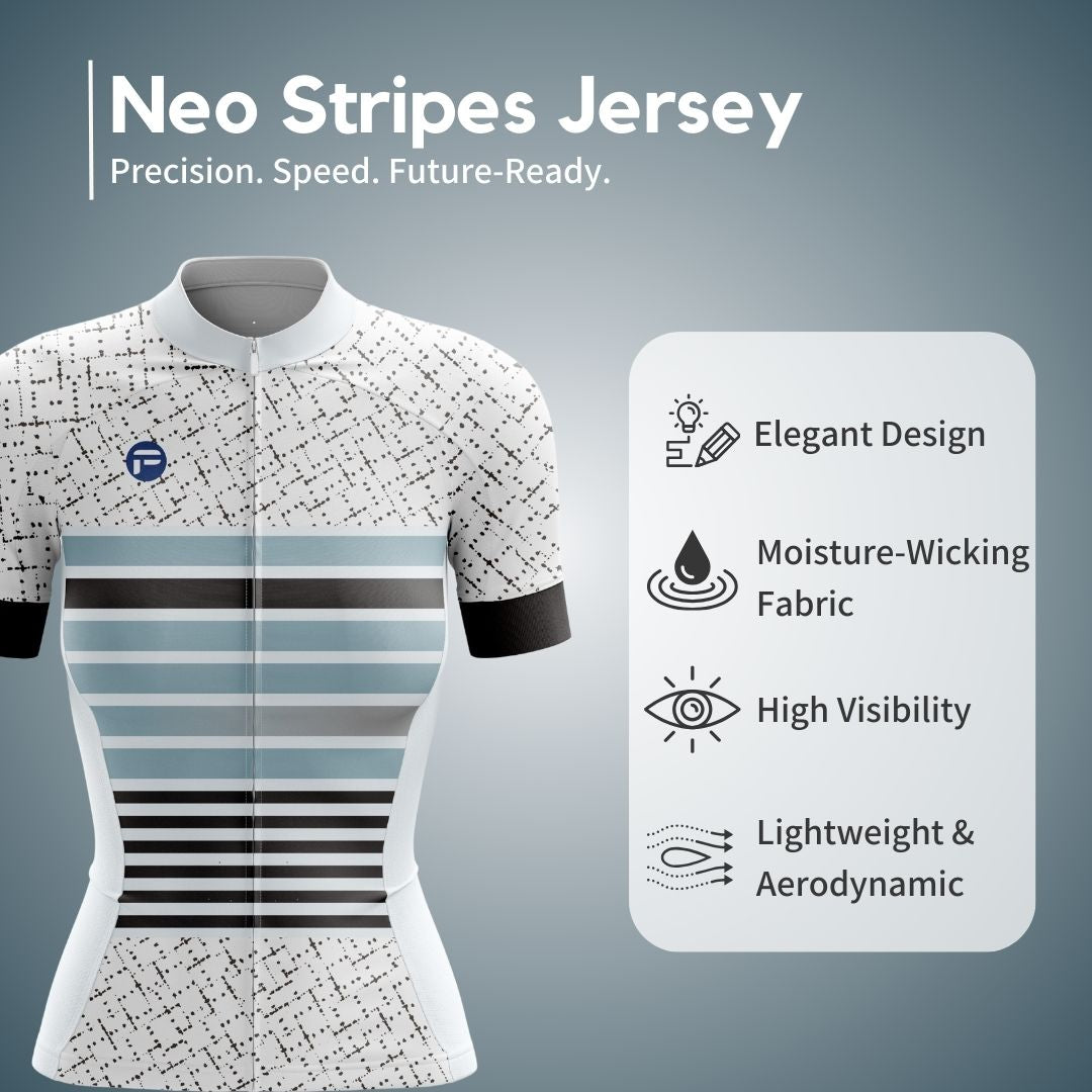 Frelsi Neo Stripes Short Sleeve Cycling Jersey featuring a modern, tech-inspired stripe design and breathable, high-performance fabric.
