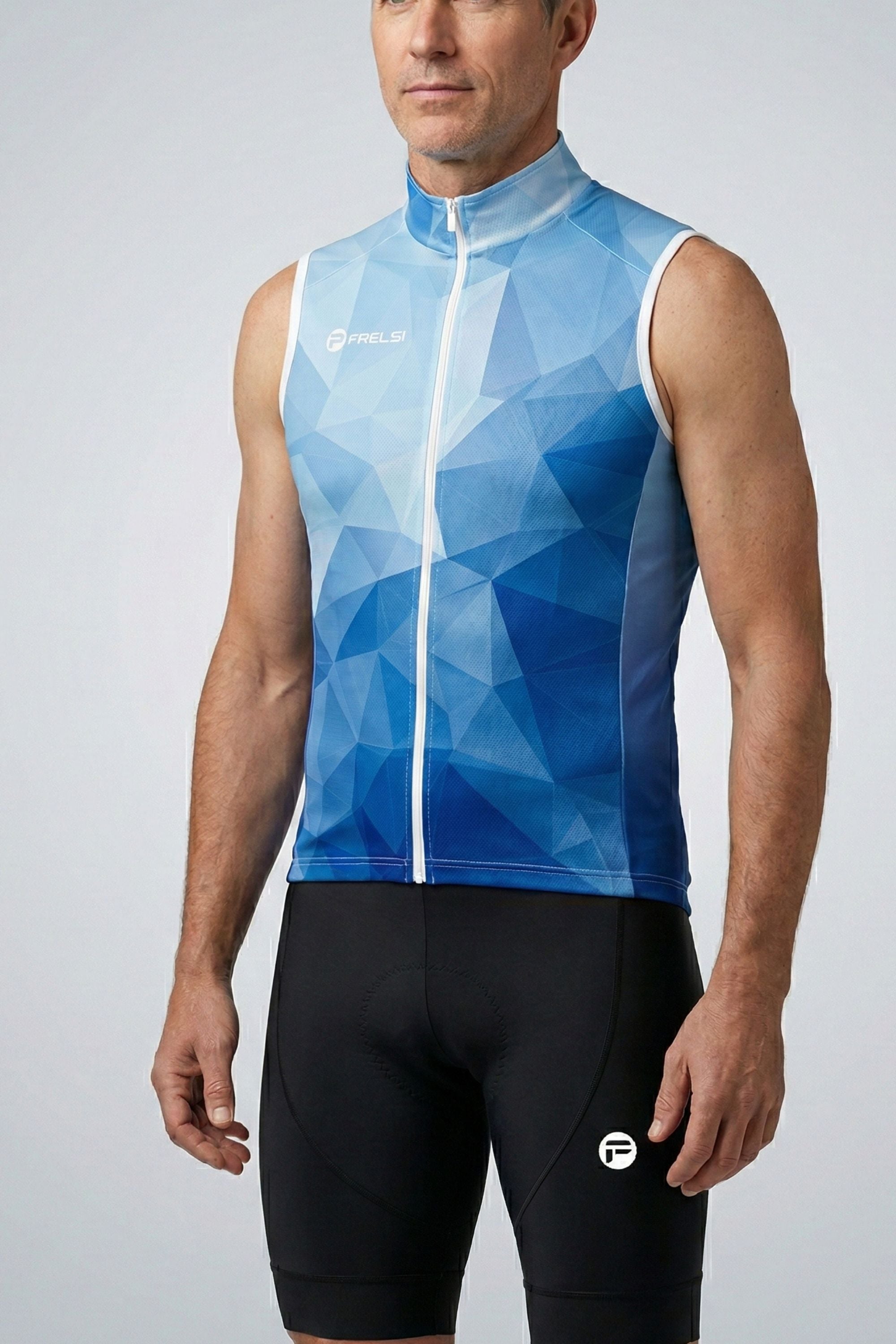 Man wearing a blue geometric patterned sleeveless cycling jersey on a gray background