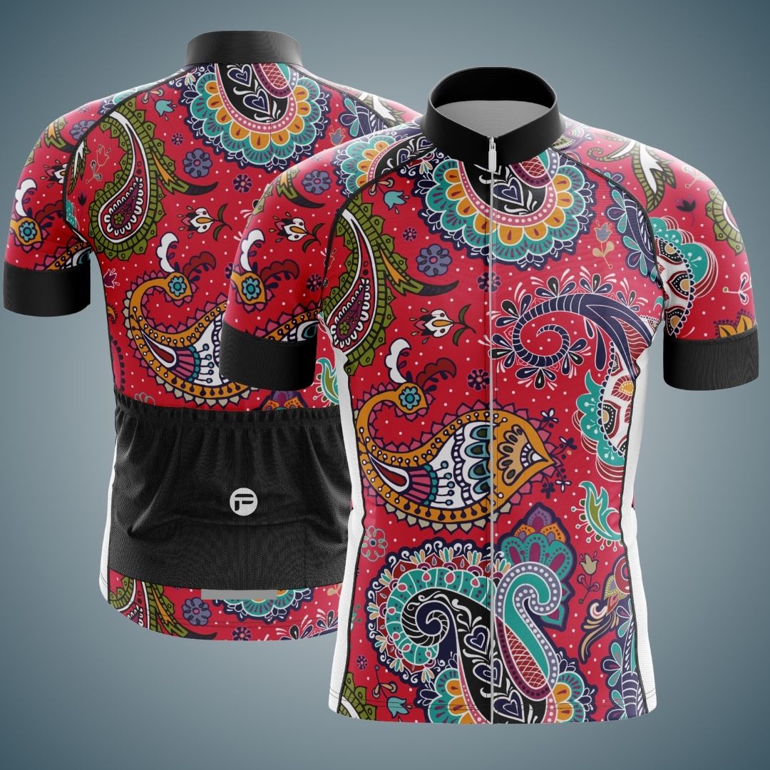Stylish and functional men's cycling jersey in a paisley pattern.