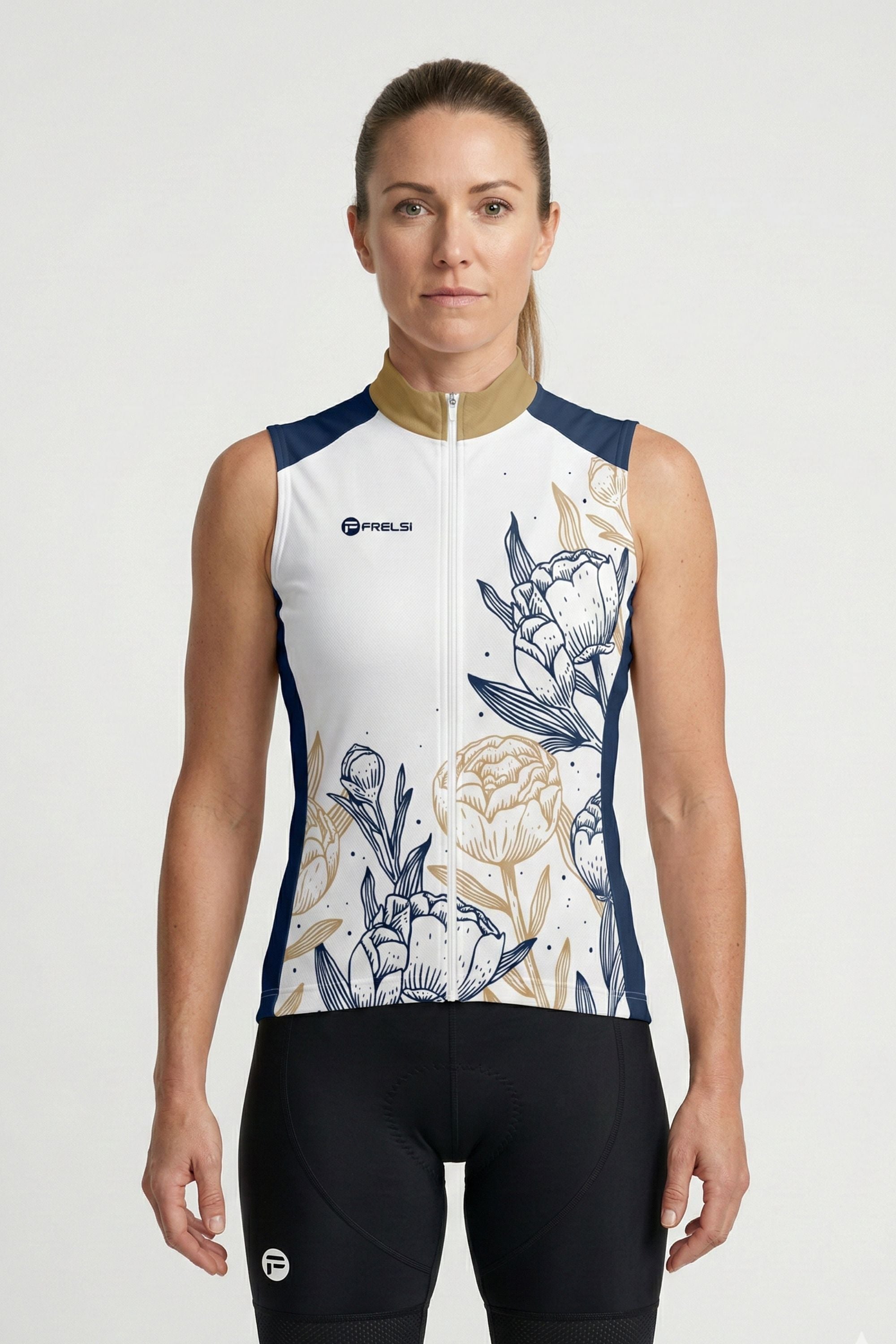 Woman wearing a sleeveless cycling jersey with floral design on a white background