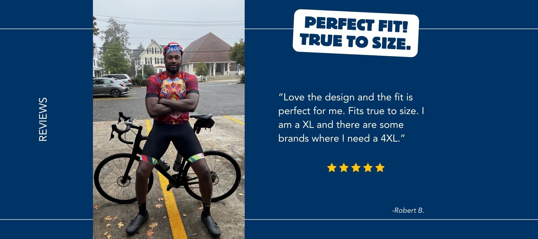 Happy customer in our cycling jerseys giving Frelsi a 5-star review!