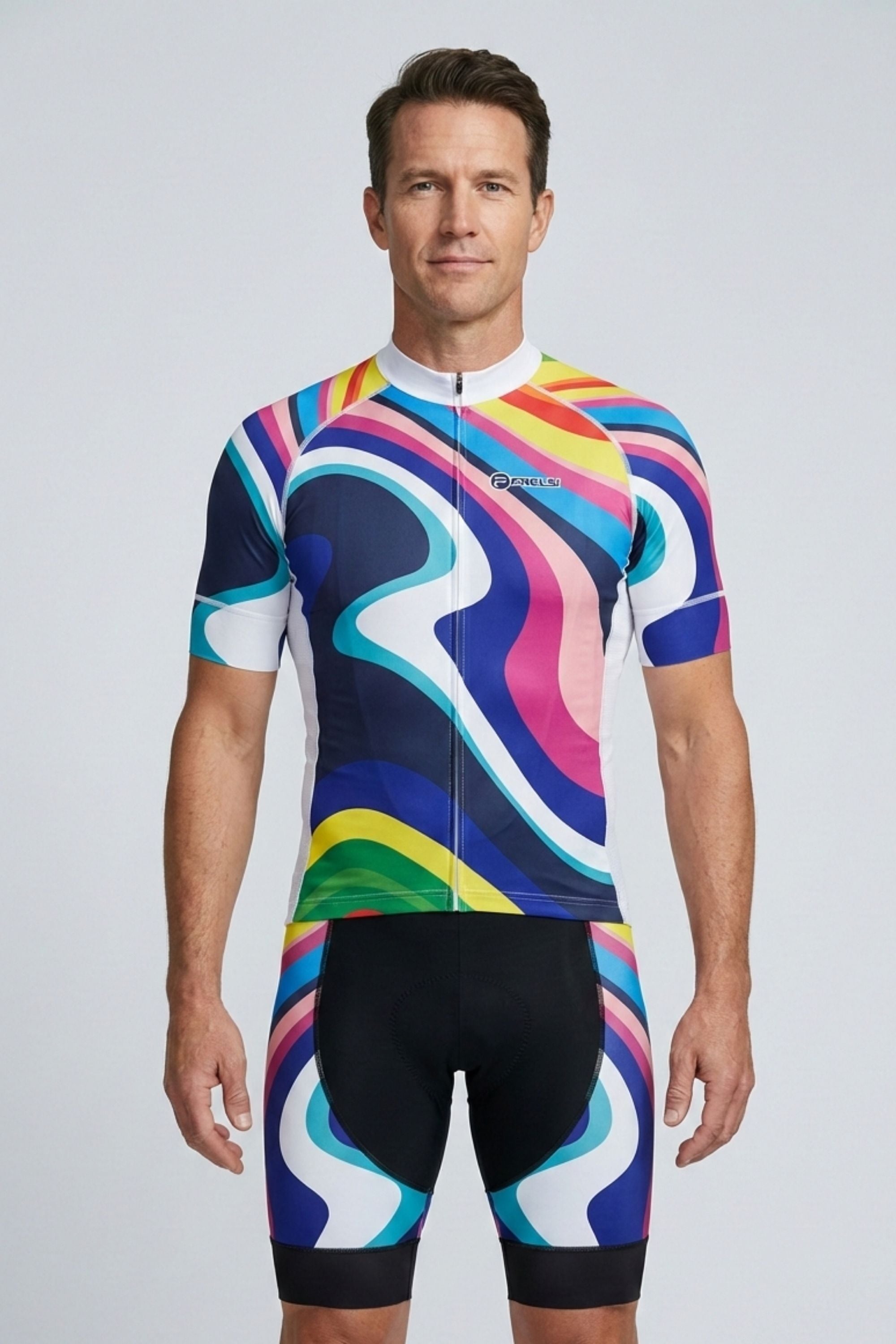 Man wearing a colorful cycling outfit with a white background
