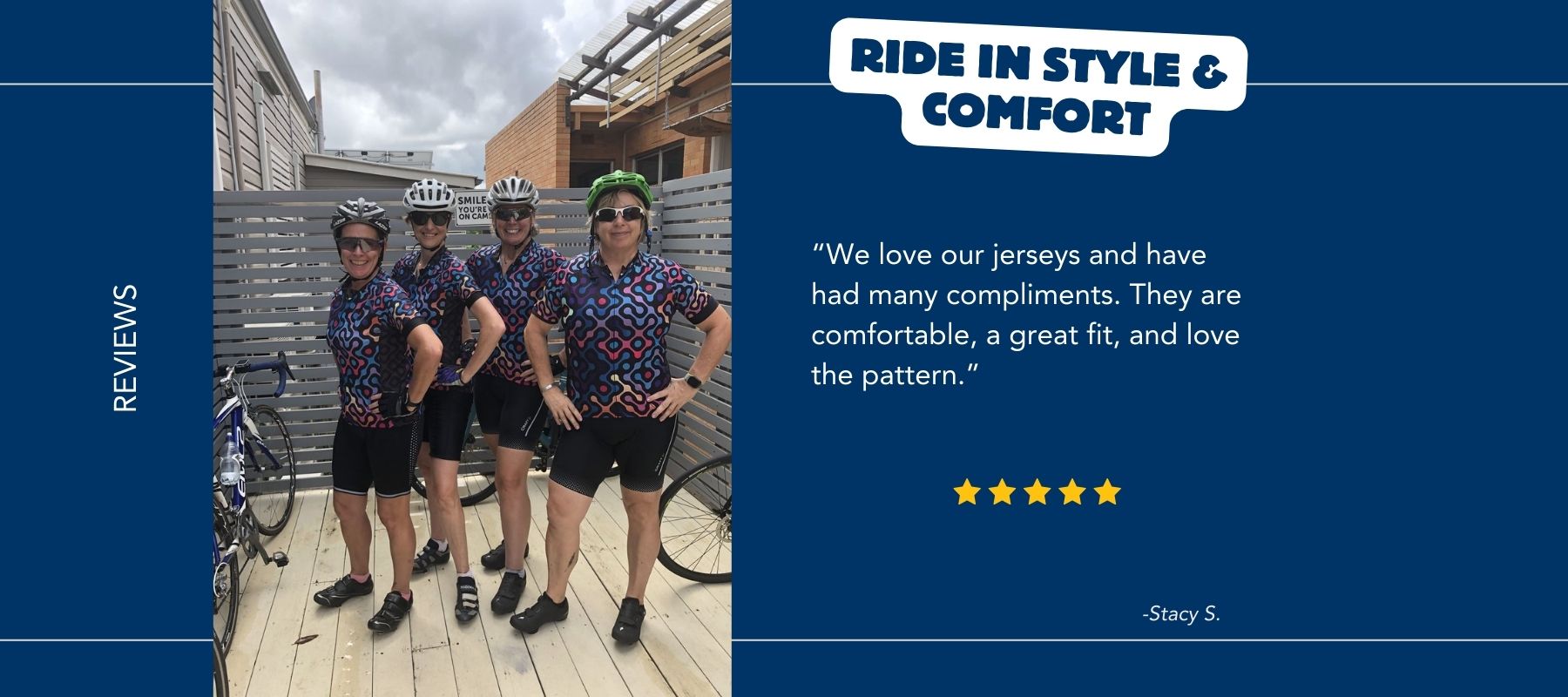 Happy cyclists in our cycling jerseys giving Frelsi a 5-star review! Ride in Style & Comfort