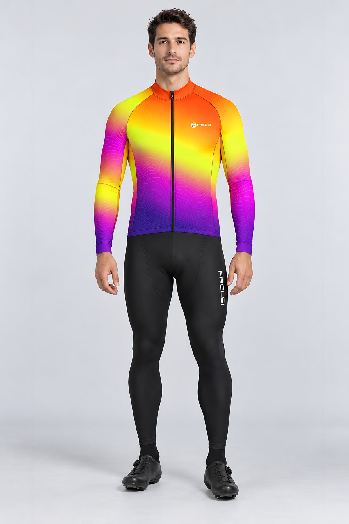 Man wearing the Sunset Pulse long sleeve cycling jersey with black bib tights - front view