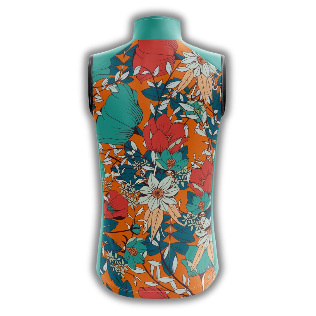 Back image of a sleeveless cycling jersey with colors and design of tropical fusion