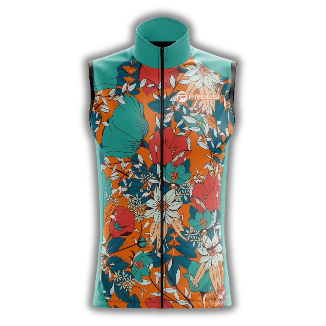 Front image of a sleeveless cycling jersey with colors and design of tropical fusion