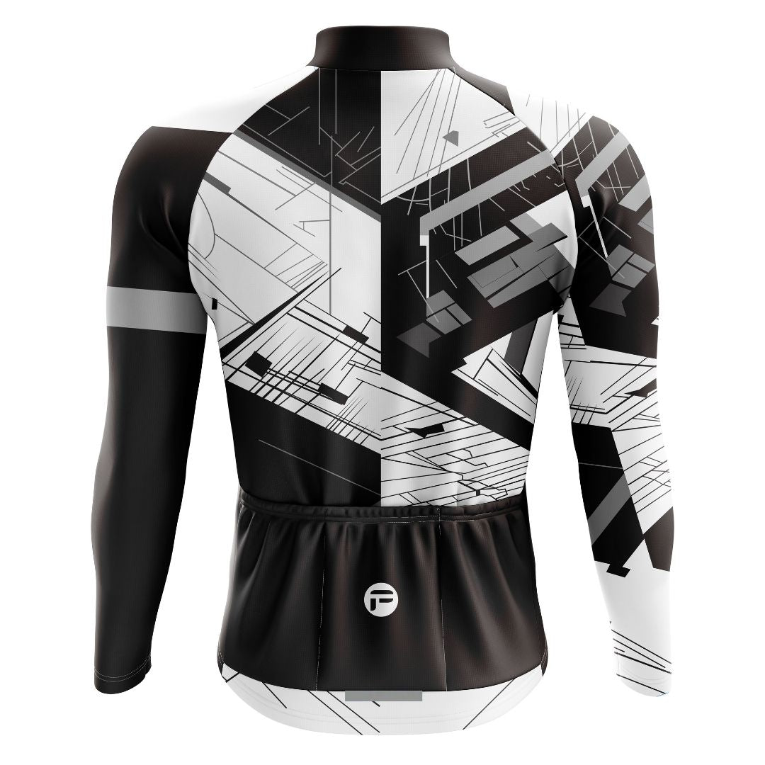 Urban Motion men's long sleeve cycling jersey with a streamlined fit, moisture-wicking fabric, and a striking geometric design.