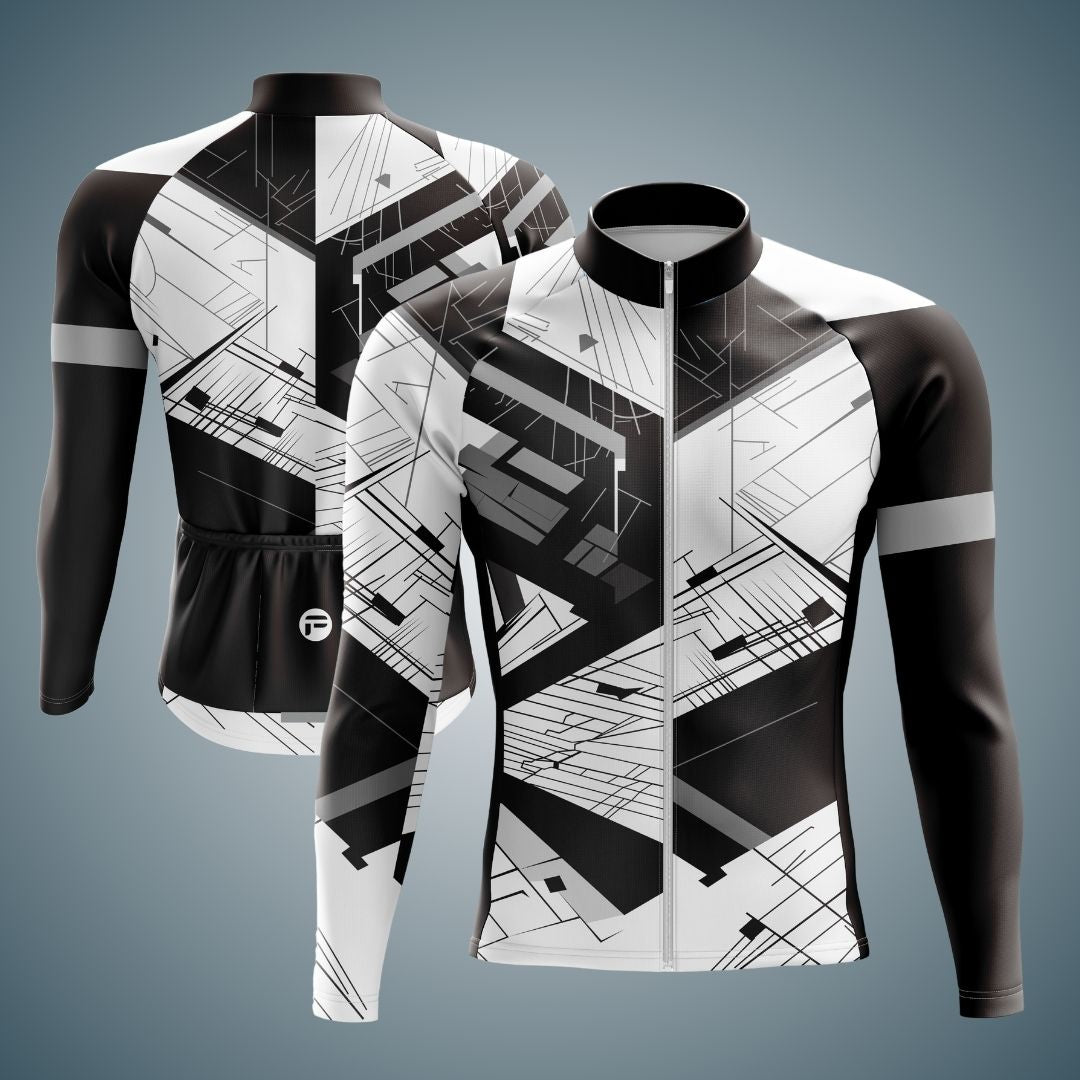 Men's Urban Motion Long Sleeve Cycling Jersey with a bold, tech-inspired geometric design for a modern and sleek look.