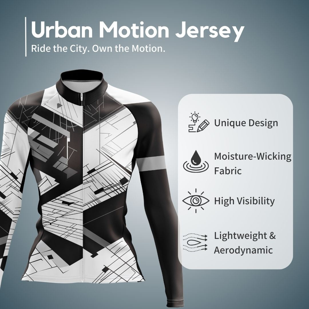 Sleek and stylish women's cycling jersey with long sleeves, futuristic geometric accents, and a performance-driven fit.