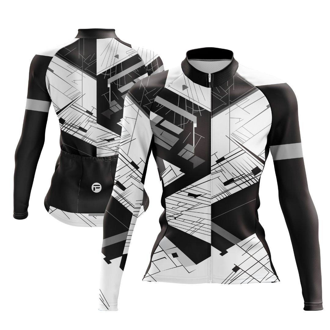 Women's Urban Motion Long Sleeve Cycling Jersey featuring a bold, tech-inspired geometric design and sleek modern fit.