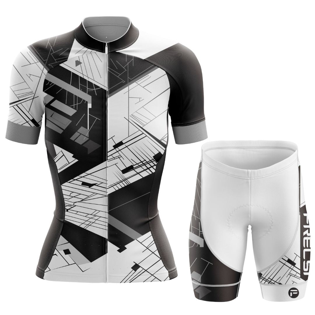 Women's Urban Motion Short Sleeve Cycling Set featuring a tech-inspired geometric jersey and matching bib shorts for a sleek, modern look.