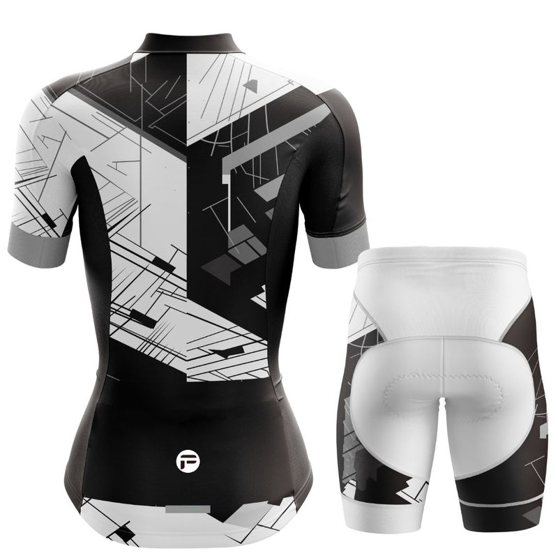 High-performance women's cycling kit with a bold black-and-white jersey design and supportive, breathable bib shorts.