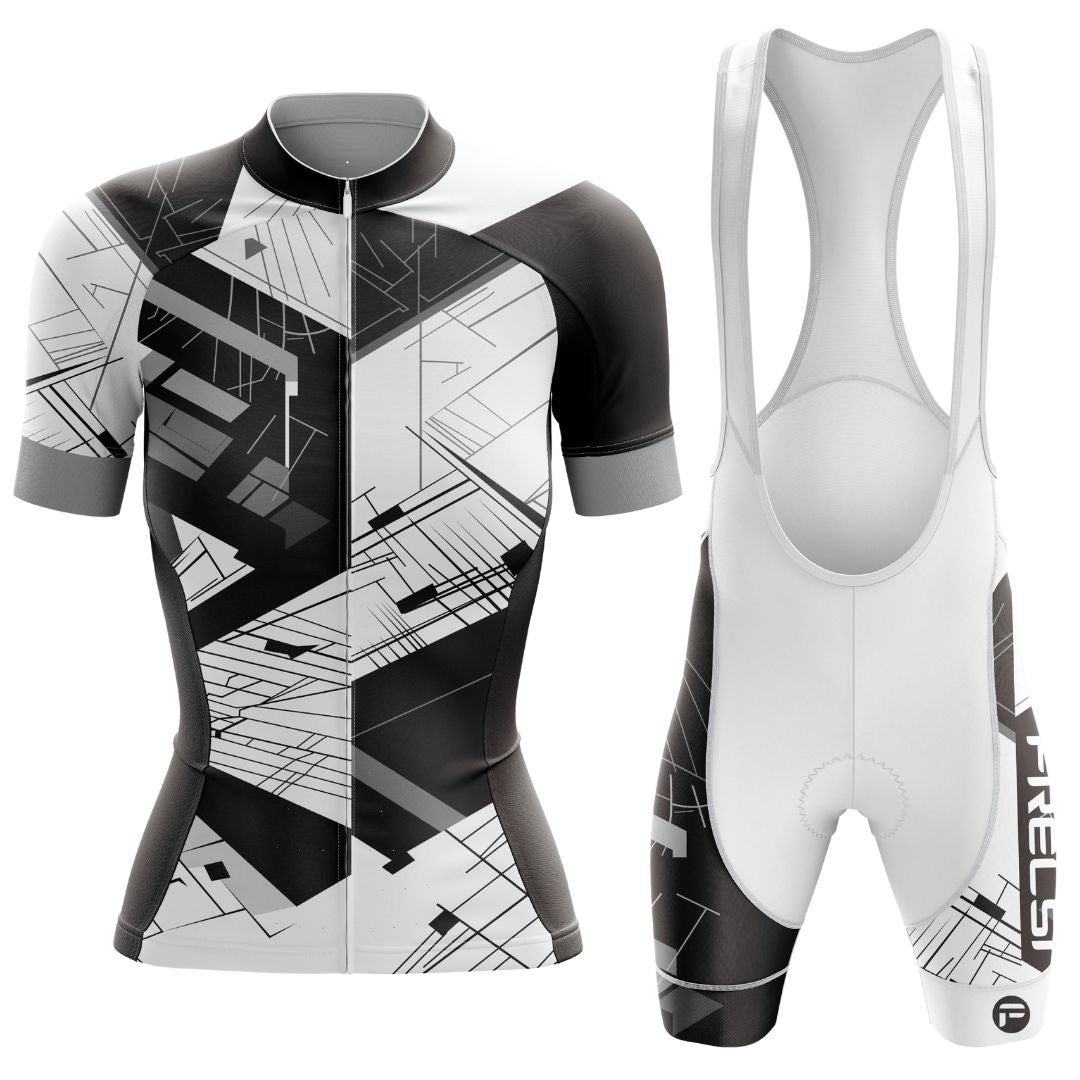 Stylish and functional women's cycling kit with a futuristic jersey design and form-fitting bib shorts for all-day riding comfort.