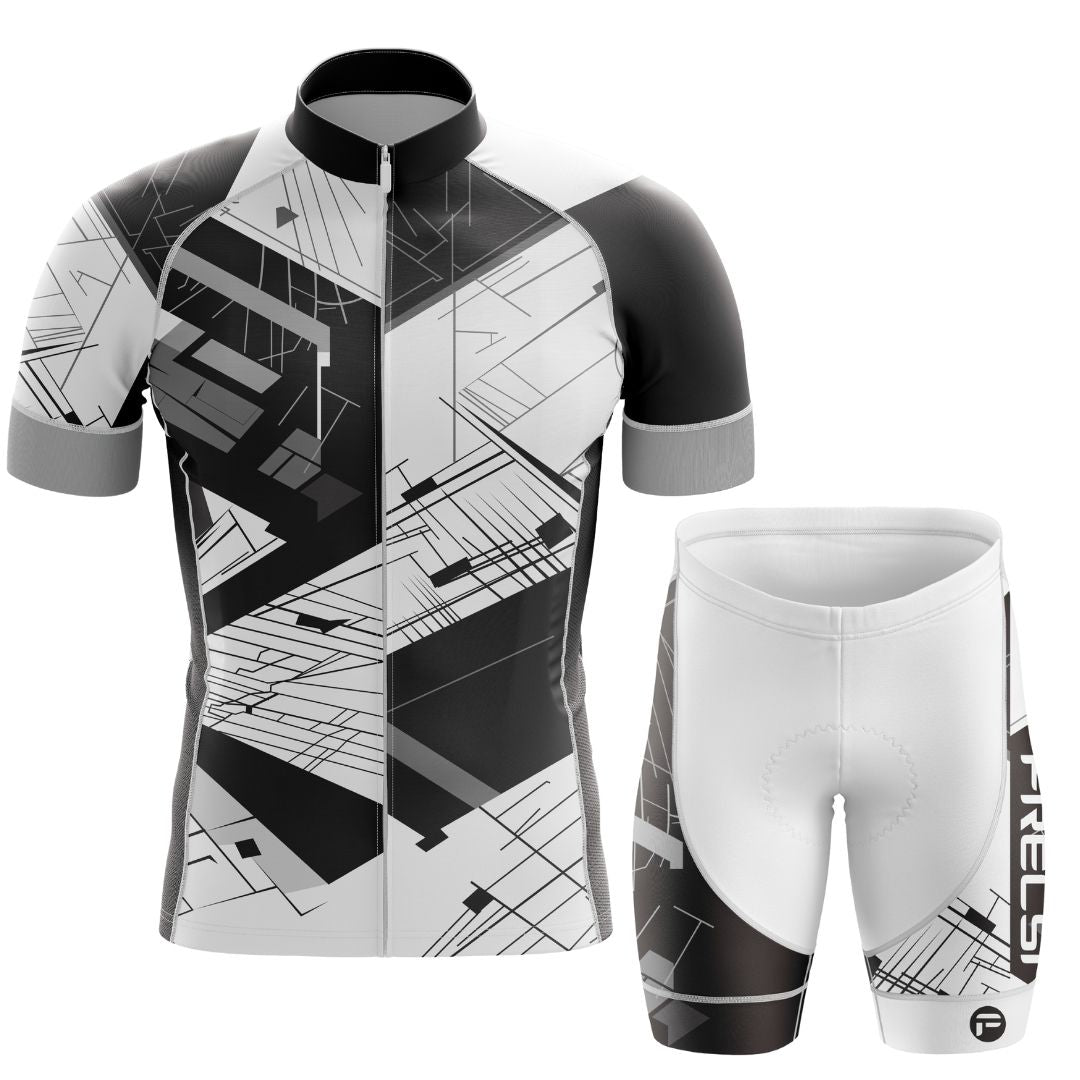High-performance men's cycling kit with a futuristic city-inspired jersey design and breathable, aerodynamic bib shorts.