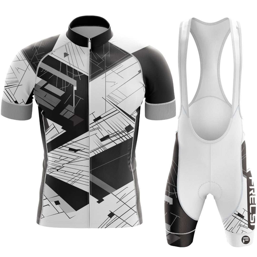 Men's short sleeve cycling set featuring a striking geometric pattern jersey and form-fitting bib shorts for optimal performance.