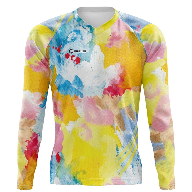Unleash your colorful spirit with the "Watercolor Pedal Splash" cycling jersey. Breathable, featuring a stunning watercolor design.