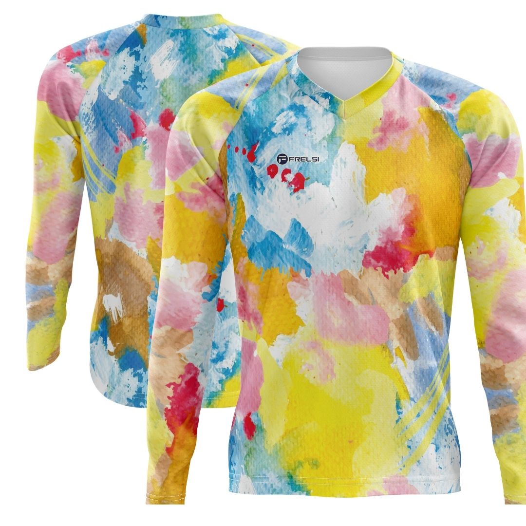"Watercolor Pedal Splash" cycling jersey: A vibrant, all-over watercolor design in a rainbow of colors. Breathable and comfortable.