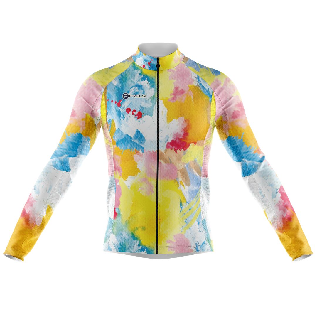 Men's Long Sleeve Cycling Jersey with Rainbow Watercolors Splash