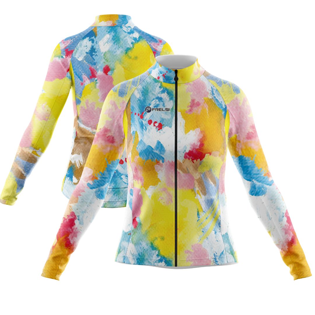 Women's Long Sleeve Cycling Jersey with Rainbow Watercolors Splash