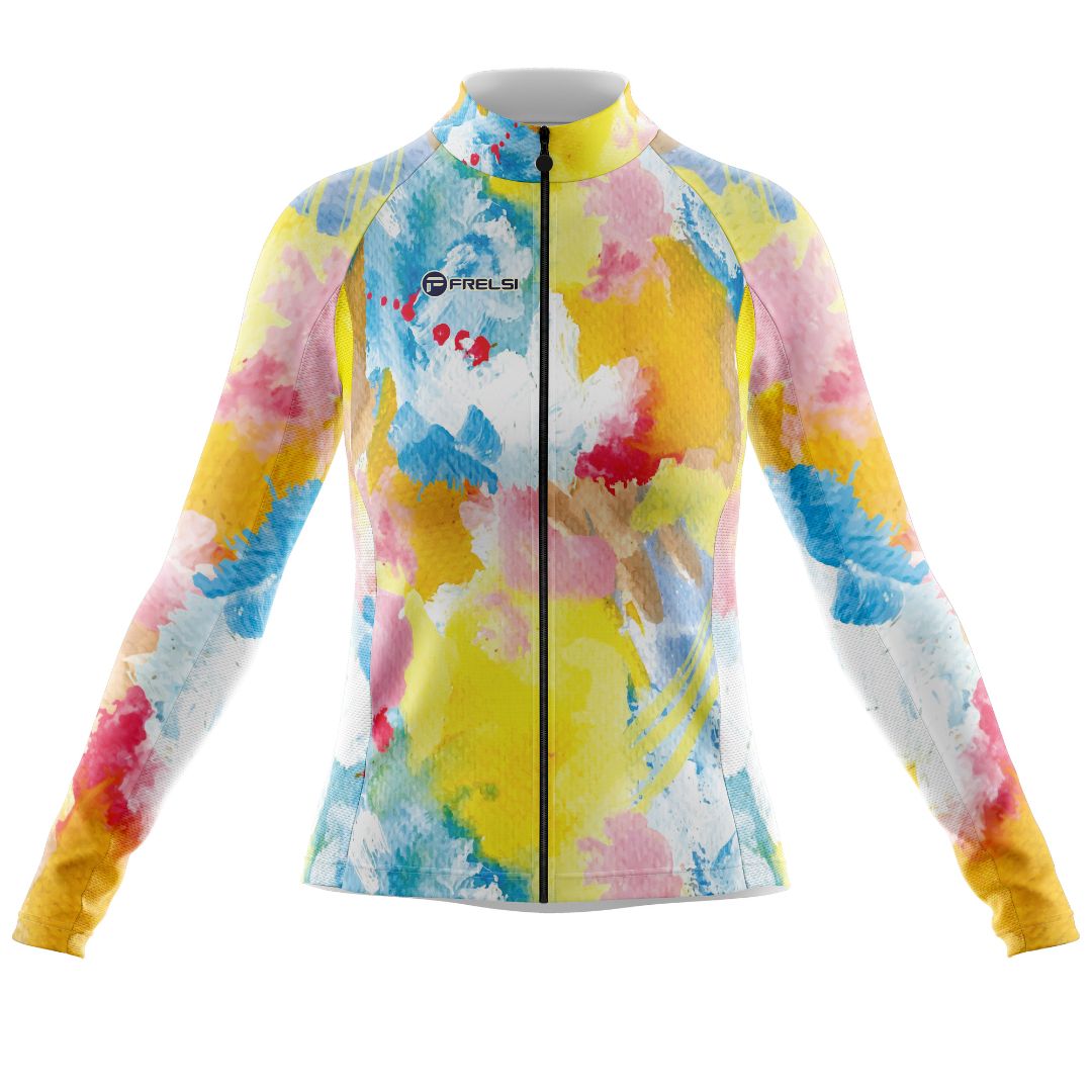 Women's Long Sleeve Cycling Jersey with Rainbow Watercolors Splash