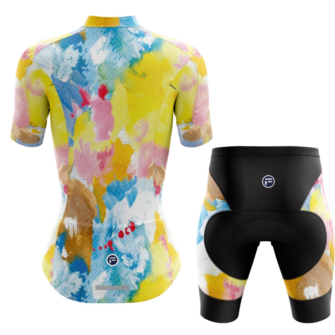 Women's Short Sleeve Cycling Kit with Rainbow Watercolors Splash Painting