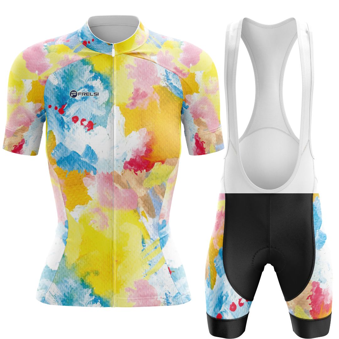 Women's Short Sleeve Cycling Kit with Rainbow Watercolors Splash Painting
