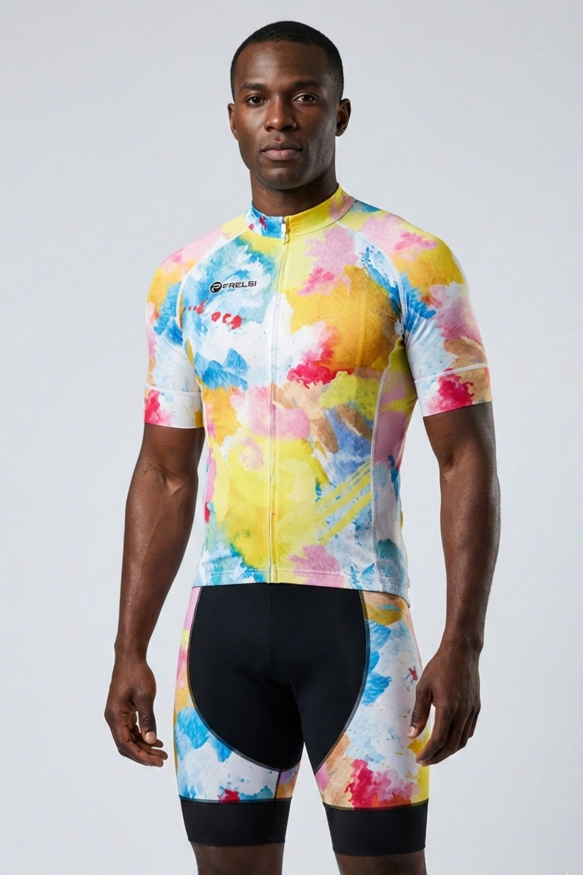 Person wearing a colorful cycling suit with a white background