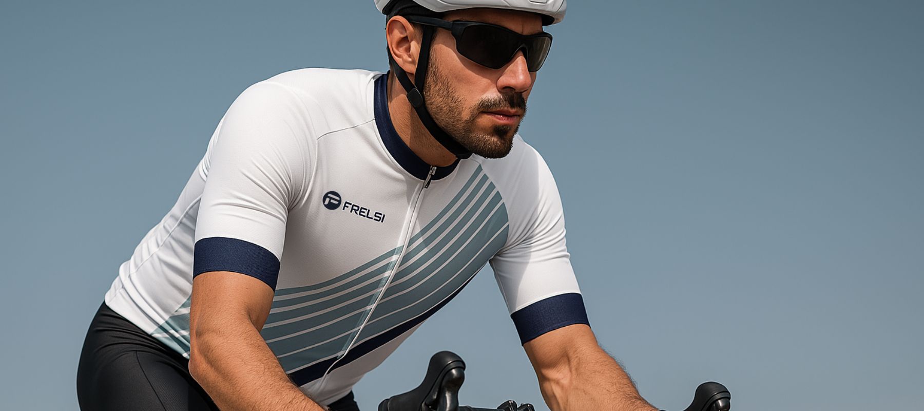 A cyclist wearing Cycling Frelsi Zenith Stripes Jersey