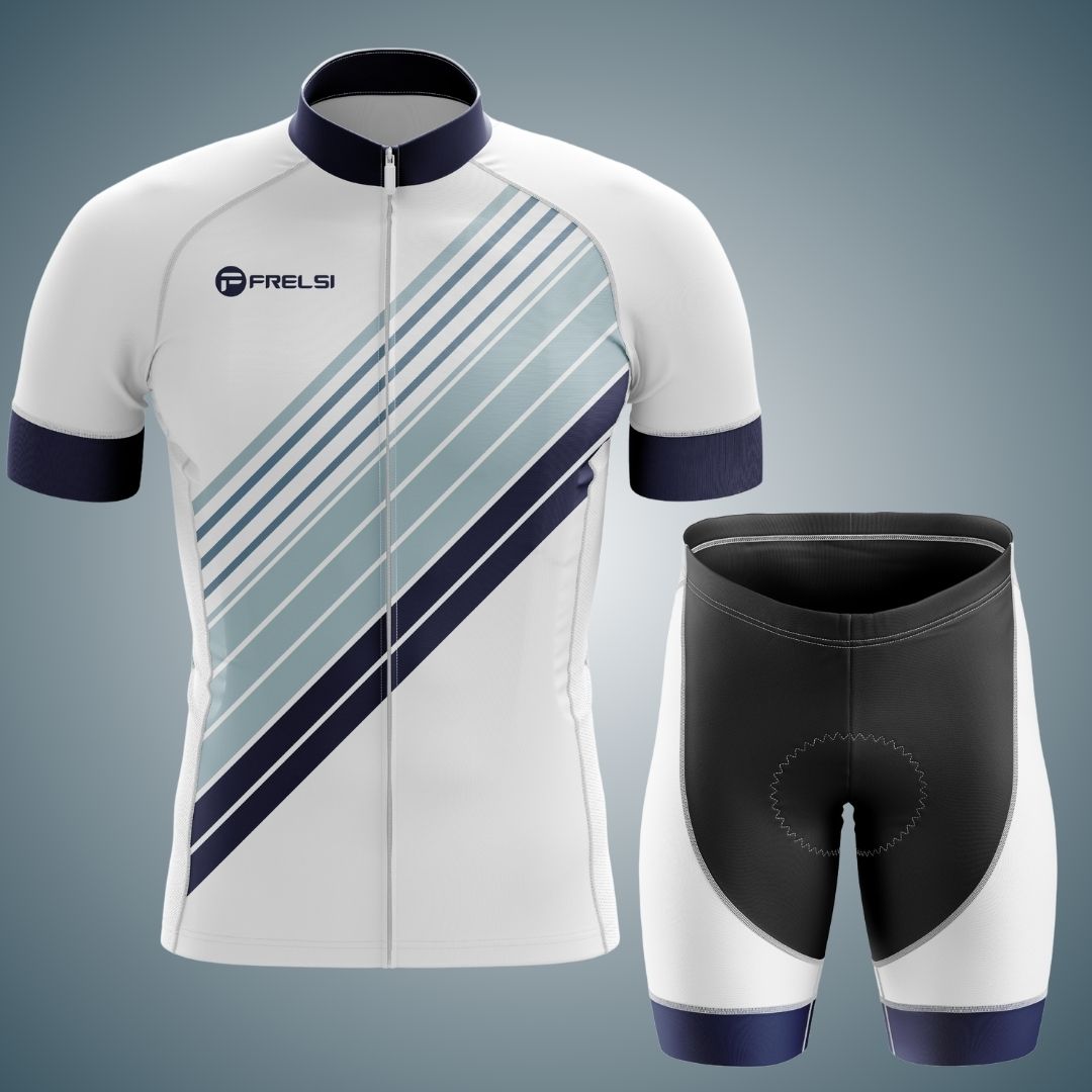 Men's Zenith Stripes Short Sleeve Cycling Kit with matching jersey and bib shorts, featuring bold diagonal stripes for a sleek and stylish look.